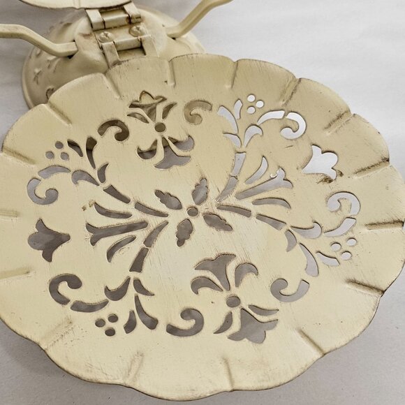 Serving Tray 3 Tier vtg cream punched metal filigree folding snack sample appeti - Picture 4 of 10